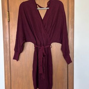 Love Tree Burgundy Ribbed Wrap Sweater Dress